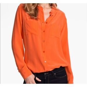 Equipment femme 100% silk orange coral collarless blouse small